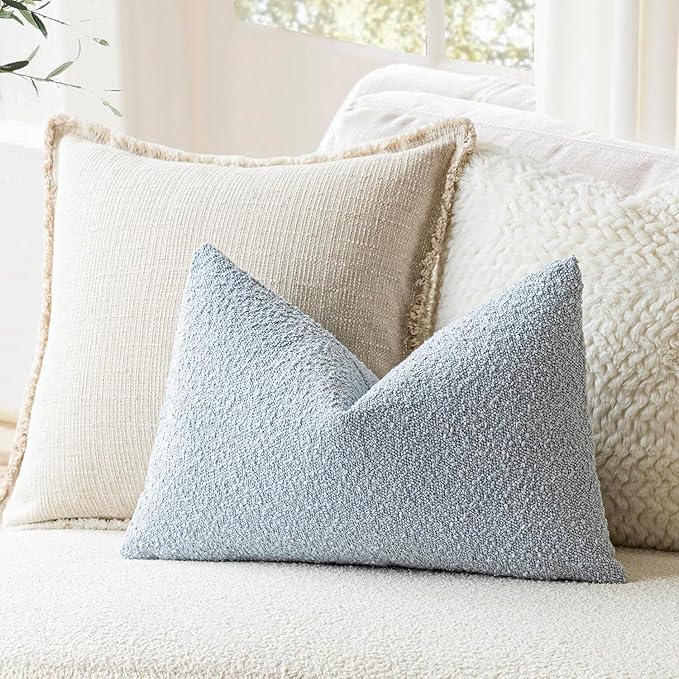 Foindtower Modern Textured Boucle Lumber Throw Pillow Covers Accent Solid Decorative Pillow Cases Cozy Couch Cushion Case for Sofa Bed Living Room Home Decor, 12 x 20 Inch, 1PC, Light Blue