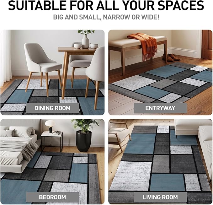 Rugshop Contemporary Modern Boxes for Home Office,Living Room,Bedroom,Kitchen Non Shedding Runner Rug 2' x 7'2" Blue/Gray