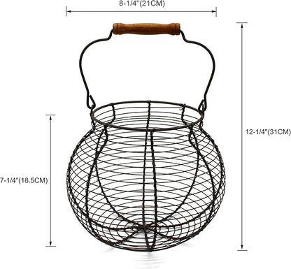 CVHOMEDECO. Antique Wire Egg Basket with Wood Handle Primitives Vintage Gathering Basket. Rusty