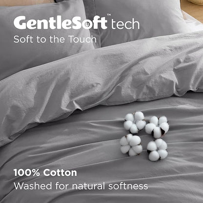 Bedsure 100% Washed Cotton Duvet Cover King Size - Grey Minimalist Cotton Duvet Cover Linen Like for All Seasons - GentleSoft™ Plain Simple Bedding, 3 Pieces (Grey, King, 104"x90")