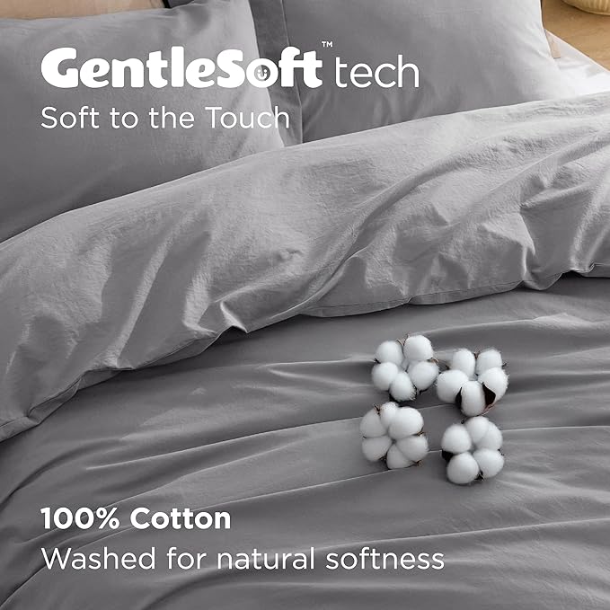 Bedsure 100% Washed Cotton Duvet Cover Queen Size - Grey Minimalist Cotton Duvet Cover Linen Like for All Seasons - GentleSoft™ Plain Simple Bedding, 3 Pieces (Grey, Queen, 90"x90")