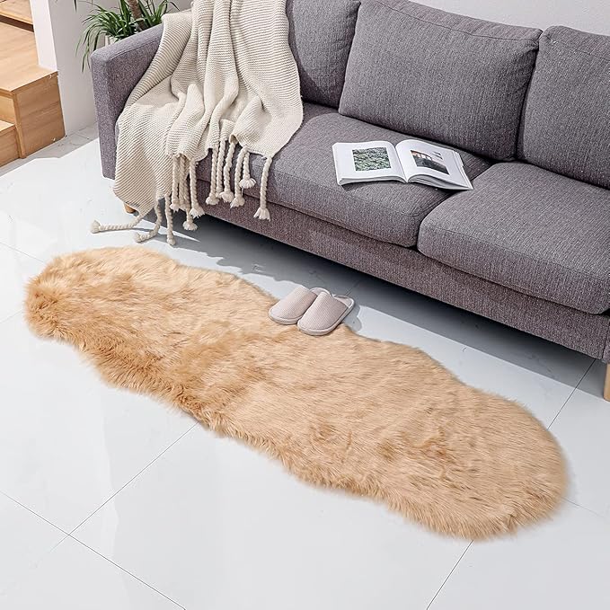 Faux Fur Rug Sheepskin Shag Fluffy Fuzzy Beige 2x6 ft Runner Rugs for Bedroom Bedside Bed Floor Living Room Plush High-Density Cushion Carpet Super Sofa Cover