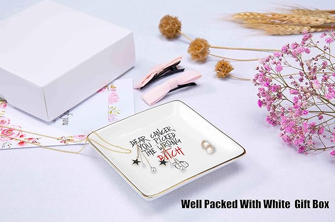 Breast Cancer Survivor Gifts for Women - Dear Cancer You Picked The Wrong Bitc - Ovarian,Chemotherapy,Fck Cancer Suck Gifts for Cancer Patient-Ceramic Jewelry Holder Ring Dish Trinket Box Tray