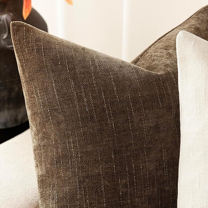 Foindtower Pack of 2 Soft Textured Chenille Throw Decorative Pillow Covers Square Accent Solid Cushion Cover Neutral Farmhouse Pillow Case for Couch Sofa Bedroom Living Room 26x26 Inch,Taupe Brown