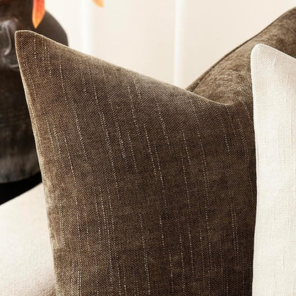 Foindtower Pack of 2 Textured Chenille Throw Decorative Pillow Covers Square Accent Solid Cushion Cover Neutral Farmhouse Lumbar Pillow Case for Couch Sofa Bedroom Living Room 12x20 Inch,Taupe Brown