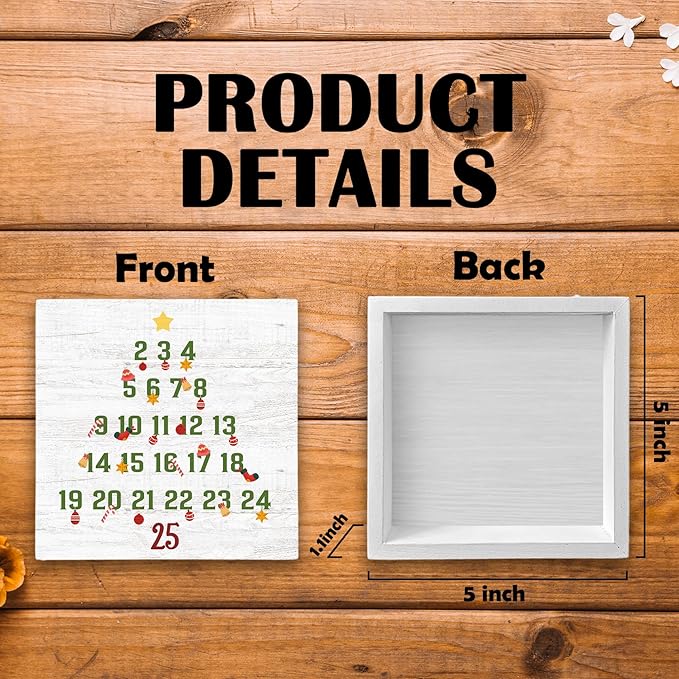 Christmas Countdown Calendar Tree Wood Box Sign Desk Decor, Christmas Countdown Decor, Christmas Countdown Wooden Block Sign Decorations for Home Room Wall Tabletop Shelf Decor, 5X5 Inch