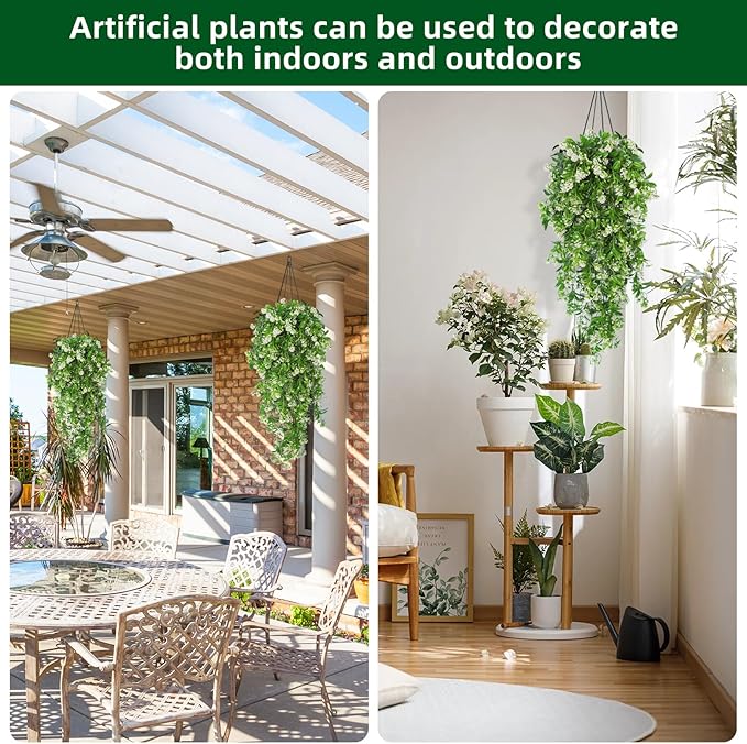 RECUTMS 2Pcs Artificial Hanging Flowers for Outdoor Decoration Fake Hanging Plants Faux White Flowers Artificial UV Resistant Plastic Greenery Vines Ivy for Outdoor Indoor Garden Party Decor（White）