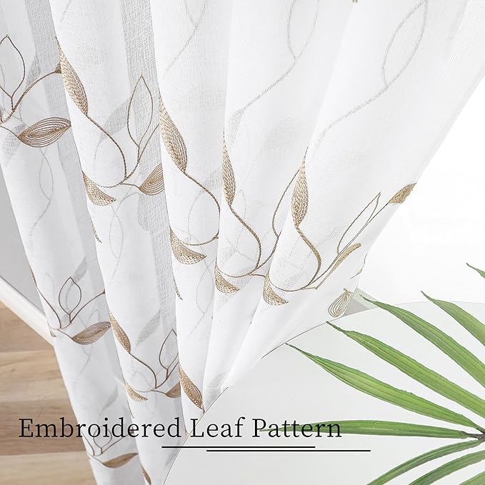 Tollpiz Taupe Leaf Sheer Curtain Leaves Embroidered Bedroom Curtains Rod Pocket Voile Window Treatment for Living Room, 54 x 95 inches Long, Set of 2 Panels