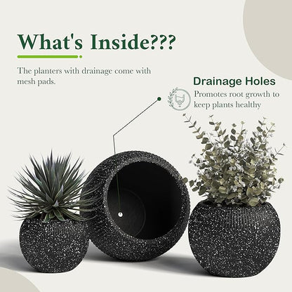 DTY Signature Mount Sherman Modern Indoor Outdoor Fiberstone Sphere Planter, Durable Round Garden Pot, Weather Resistant, Drainage Hole & Rubber Plug (Ribbed Black, Small)