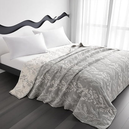 NTBAY 3 Layers Cotton Muslin 68x92 Twin Bed Blanket, Super Soft Breathable Thermal Yarn Dyed Quilt for Adults, Perfect Lightweight Blanket for Couch Sofa Bed All Seasons, Grey Tree