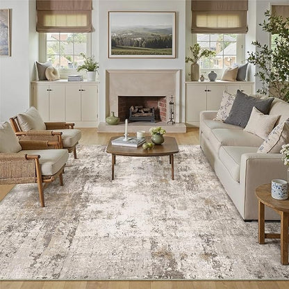 9x12 Area Rug Brown Grey Abstract Living Room Bedroom Washable Carpet Neutral Modern Non Slip Soft Low Pile Indoor Large Throw Rug for Dining Room Office