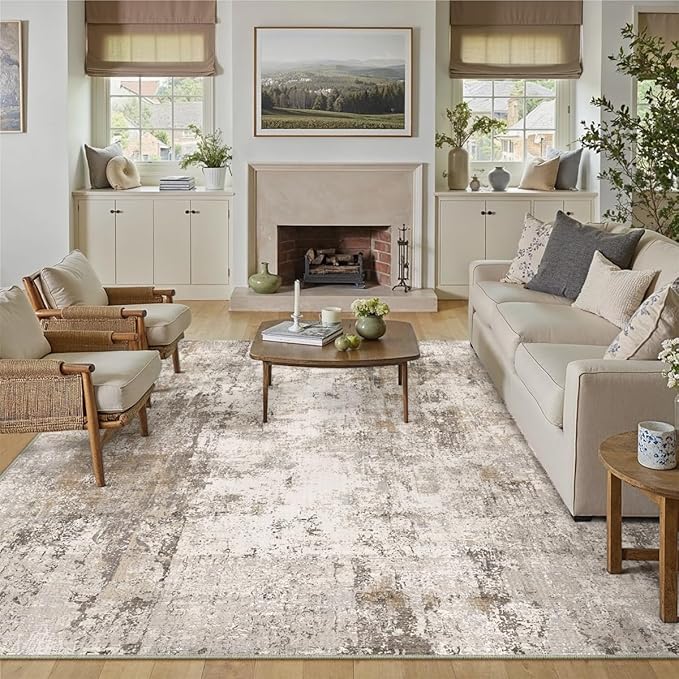 10x14 Area Rug Brown Grey Abstract Living Room Bedroom Washable Carpet Neutral Modern Non Slip Soft Low Pile Indoor Large Throw Rug for Dining Room Office