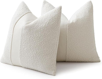 20"x20" White Boucle Throw Pillow Covers with Faux Leather Accents Set of 2 Fluffy Textured Decorative Pillow Cases for Couch Bed Boho Farmhouse Square Cushion Covers for Nordic Home Décor
