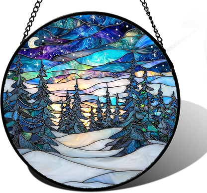 DASTOLL Stained Glass Window Hanging, Starry Sky Trees and Snow Sun Catchers Glass Panel Blue Suncatcher Decor for Birthday for Women, Men, Wife, Aunt, and Mom 11.8x11.8 in