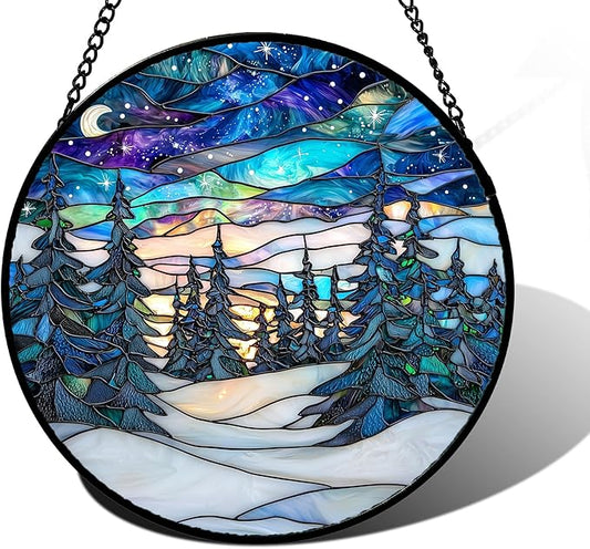 DASTOLL Stained Glass Window Hanging, Starry Sky Trees and Snow Sun Catchers Glass Panel Blue Suncatcher Decor for Birthday for Women, Men, Wife, Aunt, and Mom 11.8x11.8 in