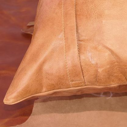 LL LEATHER LOVERS Lambskin Leather Pillow Cover - Sofa Cushion Case - Decorative Throw Covers for Living Room & Bedroom, 16x16 Inches - Gold Beige Plain (01) Pack of 2