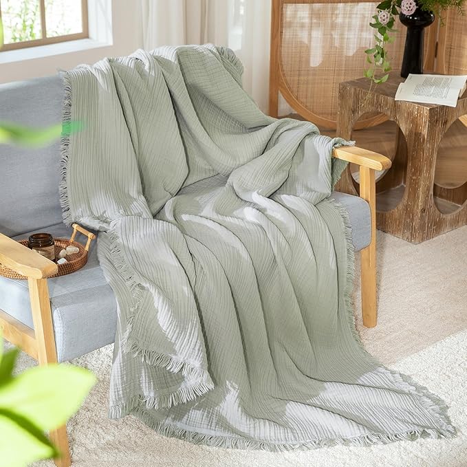 MooMee Muslin Blanket - 100% Cotton 4-Layer Gauze Throw Blanket with Tassels Ultra-Soft Breathable Lightweight Cooling for Bed Couch (Sage Green,Throw 60" x 50")