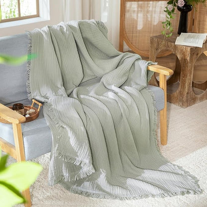 MooMee Muslin Blanket - 100% Cotton 4-Layer Gauze Throw Blanket with All-Around Fringe Ultra-Soft Breathable Lightweight Cooling for Bed Couch (Sage Green,Twin XL 66" x 90")