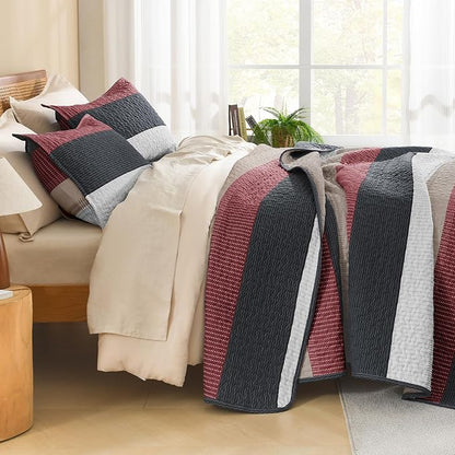 Litanika Quilt King Size Black and Red, Stripe Patchwork Summer Bedspread Coverlet 3 Pieces, Soft Lightweight Microfiber Quilted Bedding Set for All Season(1 Quilt, 2 Pillowcases)