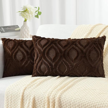 decorUhome Spring Throw Pillow Covers 12x20 Inch Set of 2, Soft Plush Faux Wool Brown Solid Couch Pillow Covers, Accent Farmhouse Neutral Square Pillow Cases for Sofa Bed Living Room