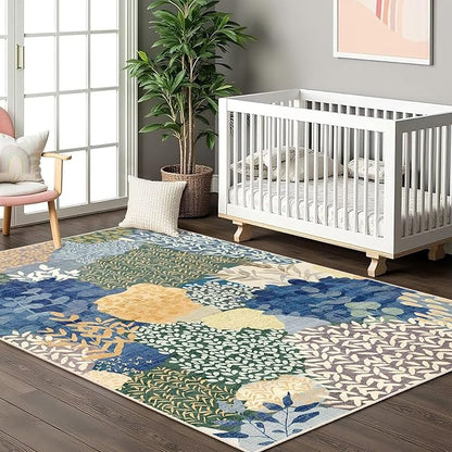 DEXDE Washable Area Rug 3x5 Low Pile Non-Slip Boho Small Carpet with Botanical Leaf Pattern, Soft Machine Washable Rug for Bedroom, Entryway, Living Room, Kitchen, Office, Blue