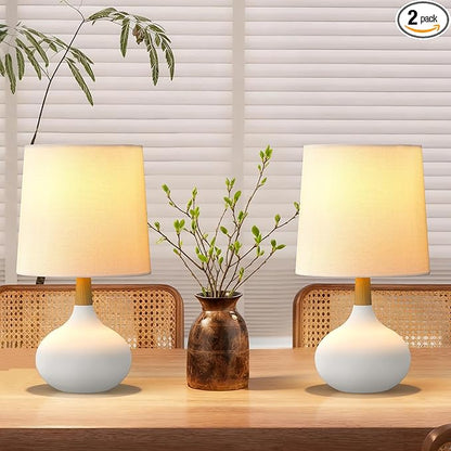14" Ceramic Table Lamp Set of 2 with Natural Wood Stem & Linen Shade for Bedroom Decor,Modern Farmhouse Small Bedside Lamp for Nightstand, Living Room & Office (White)