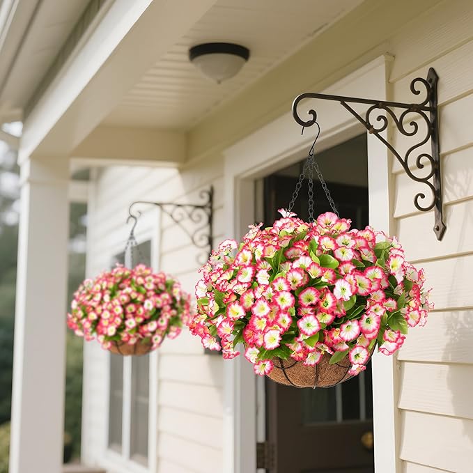 Artificial Hanging Flower Plants with Basket for Outdoor Decoration, Faux Petunias Flowers Fake Morning Glories Planter for Outside Patio Garden Porch Balcony Yard Decor(Pink)