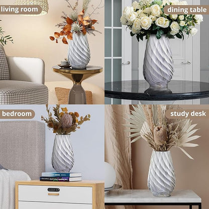 10 inch Tall Ribbed Ceramic Vase for Flowers,Boho Vases for Pampas Grass,Wood Grain Exterior vase,Simple Modern Decorative Vase for Home Decor Table Centerpieces(White)