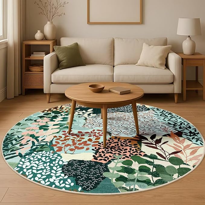 DEXDE Round Rug 6ft Washable Circle Area Rugs, Non Slip Low Pile Boho Floral Large Circular Carpet for Bedroom Bathroom Entryway Kids Room Office Dining Room, Dark Green
