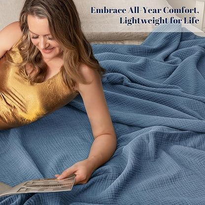PHF 100% Cotton Muslin Blanket Twin XL Size 66"x90", 4-Layer Lightweight Gauze Throw, Breathable Cloud-Soft Minimalist Blanket for Bed, Couch, Camping & Baby, Denim Blue, Ideal Gift