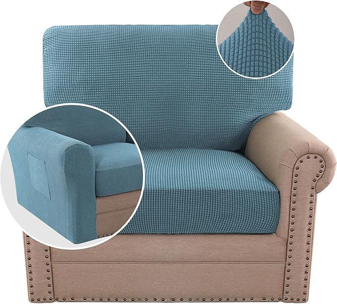 H.VERSAILTEX Multi-Pieces Chair Covers Stretch Couch Covers Form Fitted Seat and Back Cushions Covers (1 Seat Cover Plus 1 Back Cusion Cover, Bonus 2 Armrest Covers), Storm Blue