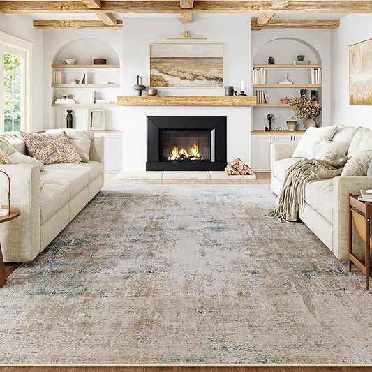9x12 Area Rug Beige Blue Abstract Living Room Bedroom Washable Carpet Neutral Modern Non Slip Soft Low Pile Large Throw Rug for Dining Room Kitchen Office