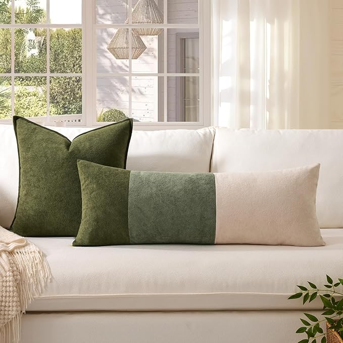Kevin Textile 14x36 Inch Long Lumbar Cover 1 Pack Three-Colour Patchwork Soft Textured Waterproof Rectangle Cushion Elegant Accent Pillows for Couch Sofa Chair Bed Home Decor Indoor Outdoor Green