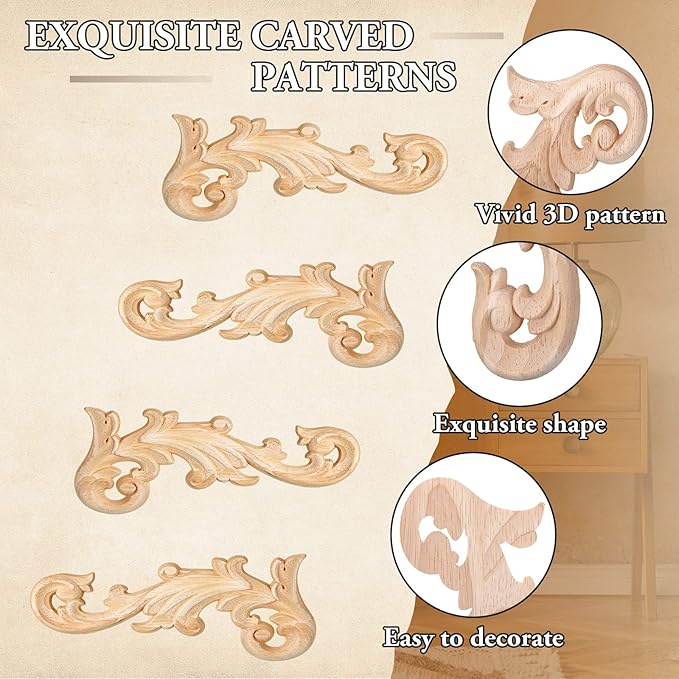 20 Pcs Wood Applique Corner Onlay Decorative Wood Applique DIY Wooden Carved Corner Unpainted Wooden Carved Decals Carving Decal for Furniture Wall Cupboard Bed Cabinet(Stylish Style)