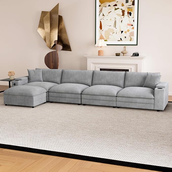 148.7" L Shaped Cloud Sofa Couch with Ottoman, Storage Armrest, Cup Holders, USB & Type-C Ports, Spring Cushions, Solid Wood Frame, Chenille Modular Sectional for Living Room (Light gray-L-148.7")