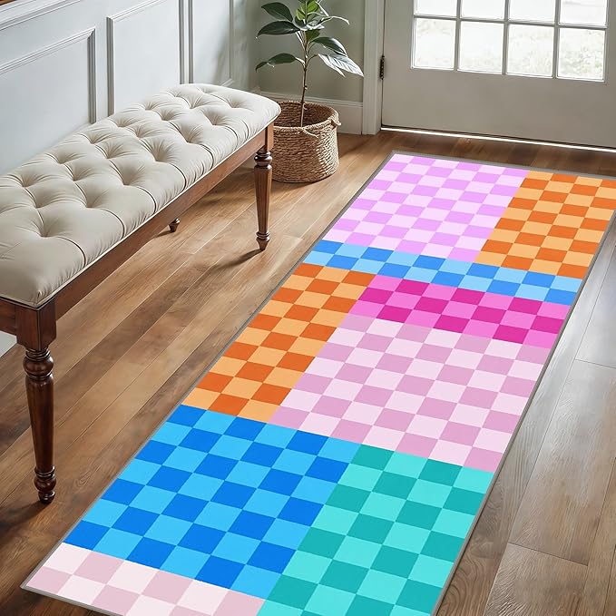 Multicolored Checkerboard Grid Runner for Entryway, 4x10ft, Boho Colorful Checkered Pattern Kids Playing Mat, Cozy Soft Absorbent Reduce Noise Rugs, Durable Washable Carpet for Family