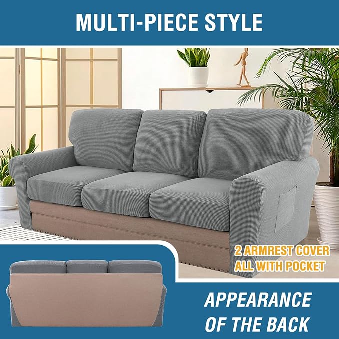 H.VERSAILTEX Multi-Pieces Sofa Covers Stretch Couch Covers Form Fitted Seats and Back Cushions Covers (3 Seat Covers Plus 3 Back Cusion Covers, Bonus 2 Armrest Covers), Dove