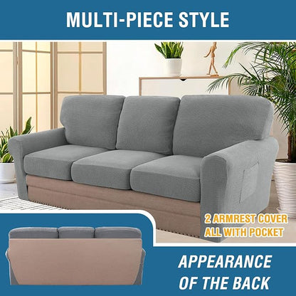 H.VERSAILTEX Multi-Pieces Sofa Covers Stretch Couch Covers Form Fitted Seats and Back Cushions Covers (3 Seat Covers Plus 3 Back Cusion Covers, Bonus 2 Armrest Covers), Dove