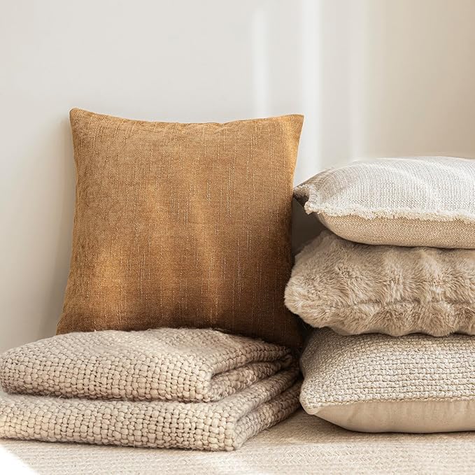 Foindtower Set of 2 Soft Textured Chenille Throw Decorative Pillow Covers Square Accent Solid Cushion Cover Neutral Farmhouse Pillow Case for Couch Sofa Bedroom Living Room 22x22 Inch,Golden Brown