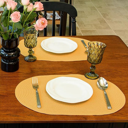 Noctiflorous Oval Braided Placemats Set of 8 Woven 12x18 Inch Non Slip Washable Heat Resistant Place Mats Round Tablemats for Dining Kitchen Party Daily Table Decor Dinner Mats (Solid Yellow, 8)