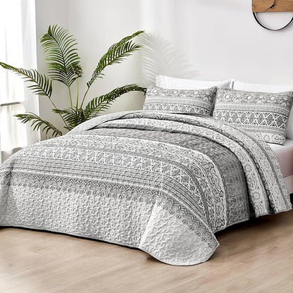 WONGS BEDDING Boho King Quilt Set, Grey Bohemian King Quilt Bedding Set, Lightweight Microfiber Bed Decor Bedspread for All Season 103"x90"(3 Pieces)