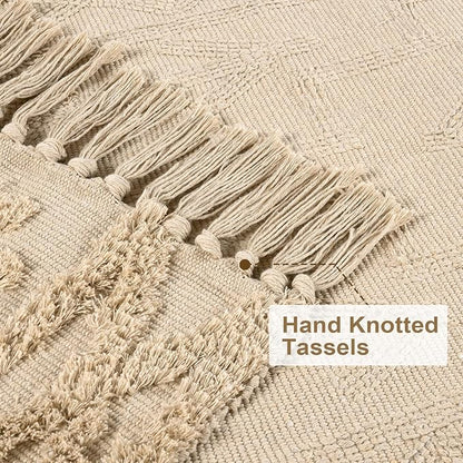 Uphome Boho Bathroom Rug 2' x 3', Small Farmhouse Kitchen Rugs with Tassels, Khaki Washable Front Door Mat, Cotton Woven Moroccan Tufted Throw Rug for Bedroom Entryway Laundry Living Room