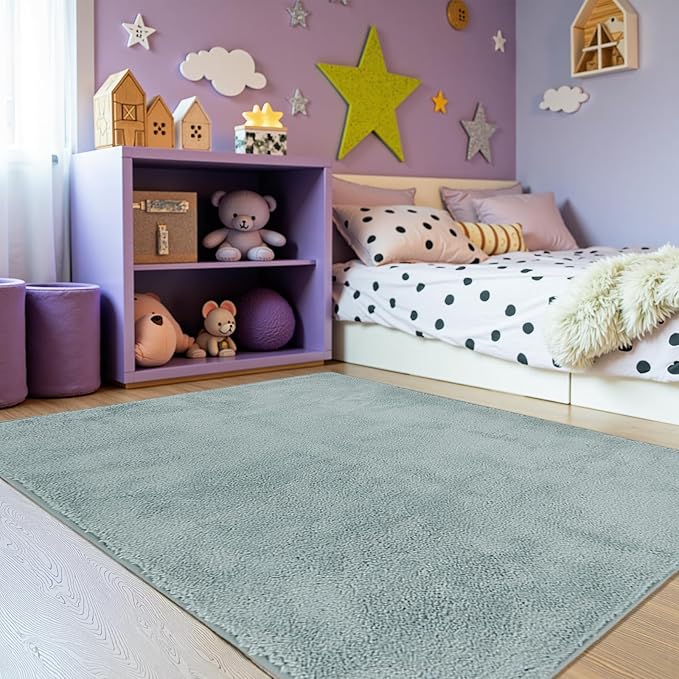 jinchan Solid Plush Area Rug 5x7 Performance Shaggy Washable Rug Indoor Soft Modern Faux Wool Cozy Non Slip Carpet for Living Room Kids Room Bedroom Dining Room Nursery Slate Blue