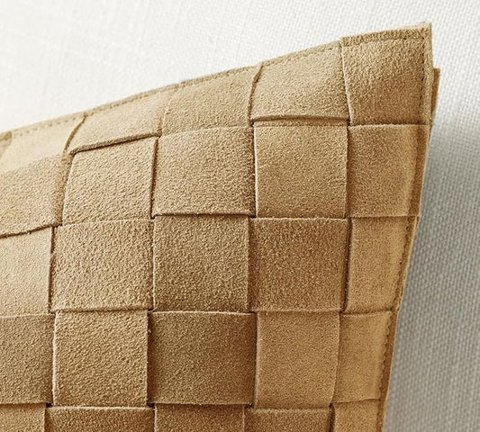 Genuine Lamb Leather Cushion Pillow Cover - Luxury Leather Pillow Case - Modern, Boho, Farmhouse Home Decor - Bedroom Couch, Living Room, Sofa Bed (Basketweave - Golden, 24" x 24")