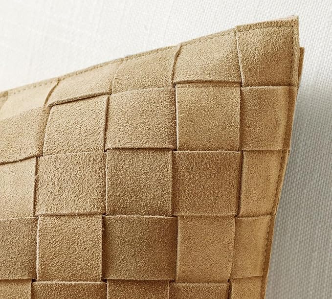 Genuine Lamb Leather Cushion Pillow Cover - Luxury Leather Pillow Case - Modern, Boho, Farmhouse Home Decor - Bedroom Couch, Living Room, Sofa Bed (Basketweave - Golden, 18" x 18")