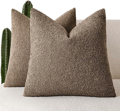 Foindtower Pack of 2, Decorative Textured Boucle Throw Pillow Covers Neutral Accent Solid Pillow Cases Cozy Soft Couch Cushion Case for Chair Sofa Bedroom Living Room Home Decor 22x22 Inch Light Brown