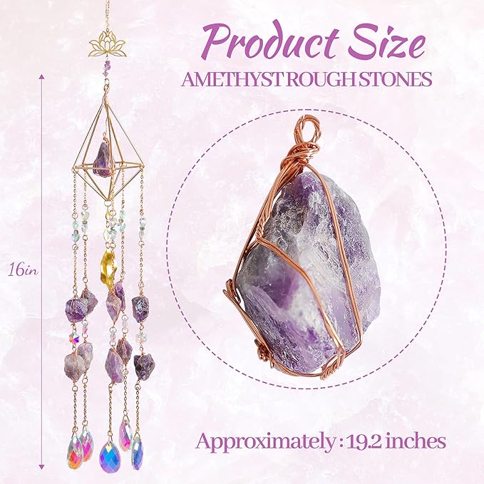 Amethyst Crystal Suncatcher - Dreamsum Hanging Gold Plated Garden Sun Catcher for Windows, Healing Amethyst Crystal Decor for Home, Gift for Christmas Birthday Valentine Mothers Day