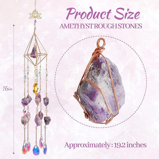Amethyst Crystal Suncatcher - Dreamsum Hanging Gold Plated Garden Sun Catcher for Windows, Healing Amethyst Crystal Decor for Home, Gift for Christmas Birthday Valentine Mothers Day
