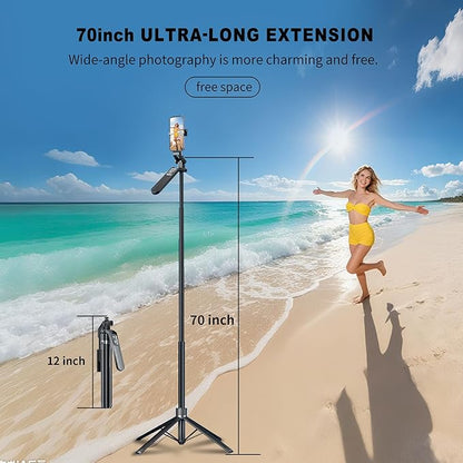 70" Tripod for Phone, Portable All in One Extendable Cell Phone Tripod Stand, Tall Travel Tripods for Recording Video Selfies Photo, with Wireless Remote Control for iPhone、Samsung、Android