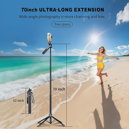 70" Tripod for Phone, Portable All in One Extendable Cell Phone Tripod Stand, Tall Travel Tripods for Recording Video Selfies Photo, with Wireless Remote Control for iPhone、Samsung、Android
